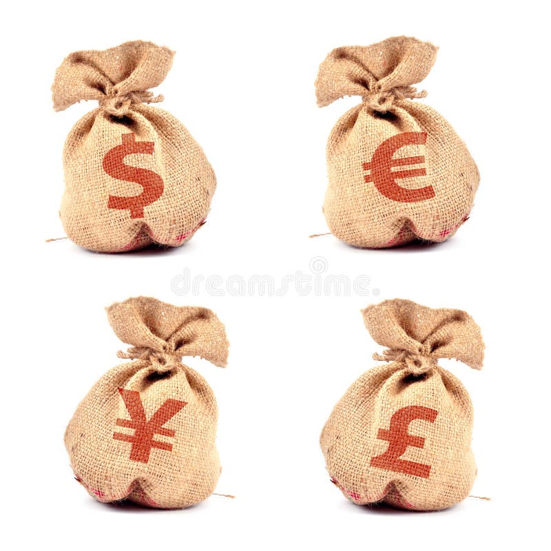 Four various currency money bags white. Four various currency money bags white