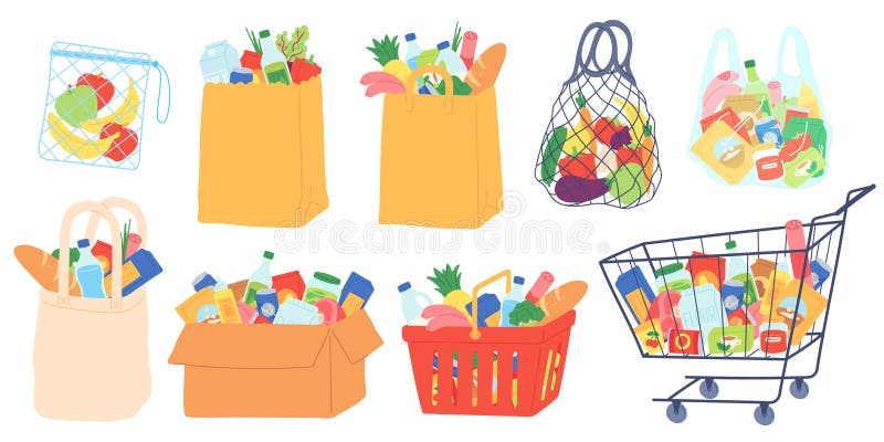 Sacos de compras e carrinhos. papel de cesto de compras e pacotes de plástico com eco-saco com alimentos orgânicos. bens de superm