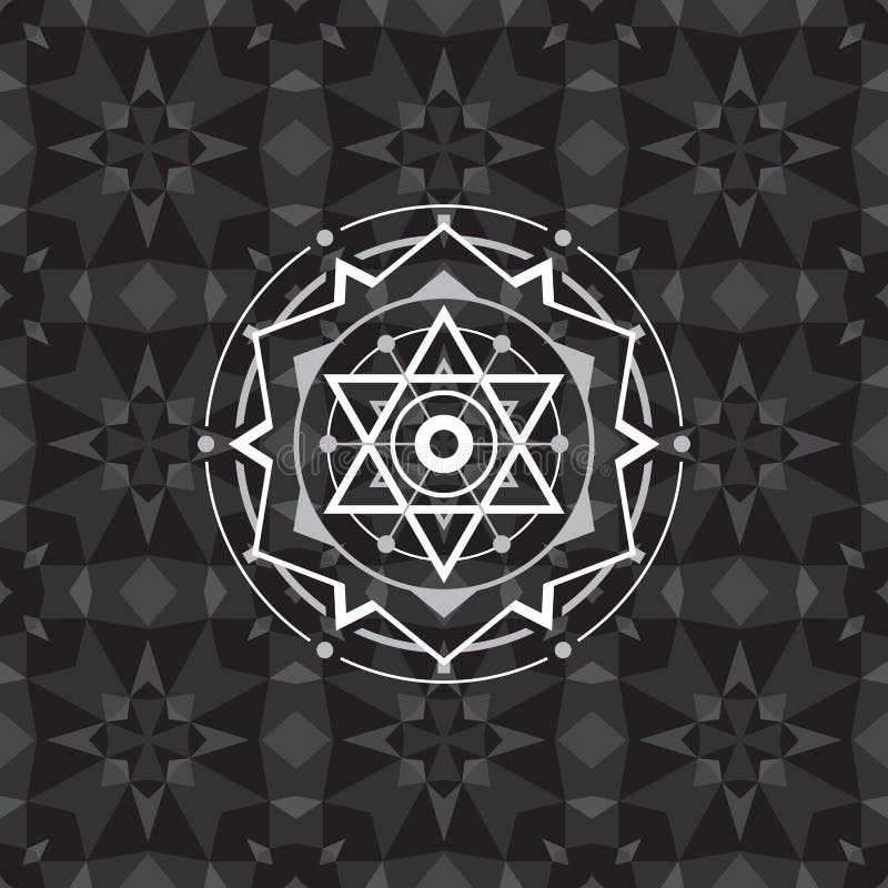 Sacred geometry sign on geometric abstract background. Abstract vector pattern. Mystic badge. Design element royalty free illustration