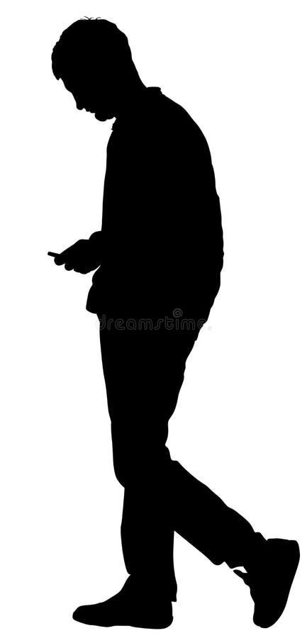 Sad boy waiting girl on date vector silhouette illustration isolated on white. Alone man on dating watching in smart phone.