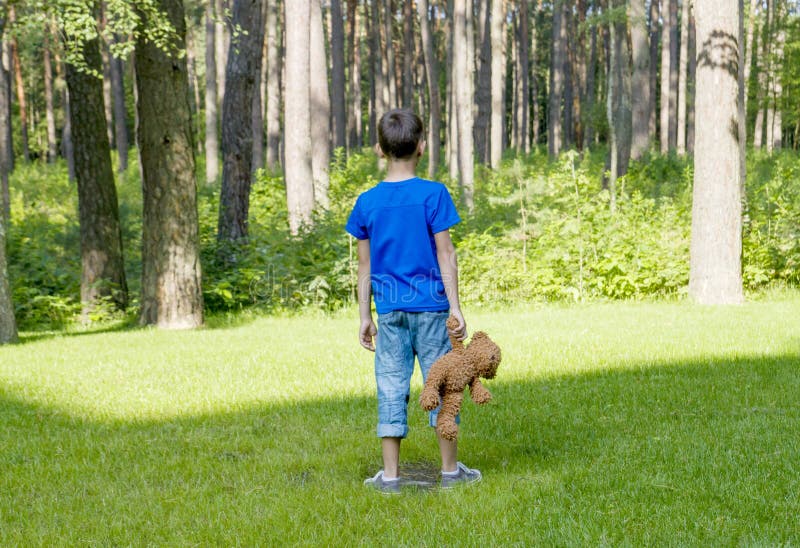 Sad child is holding a brown teddy bear and standing on the meadow. Back view. Copy space. Sadness, fear, frustration