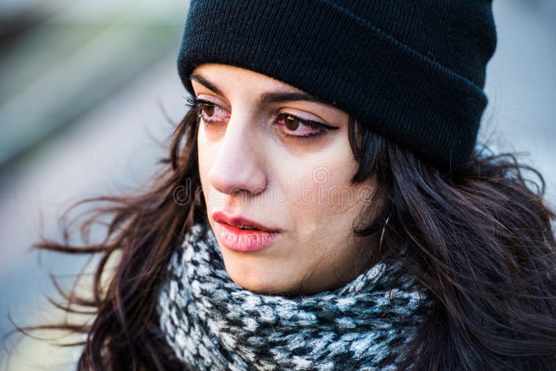 Sad, Crying Beautiful Teenager with Black Hat Stock Image - Image of ...