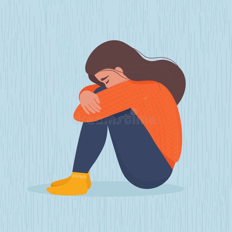 Sad Depressed Woman Sitting Hugging Her Knees. Vector Illustration in ...