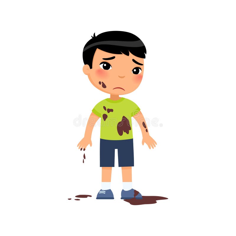Sad Dirty Boy Flat Vector Color Illustration Unhappy Asian Toddler In