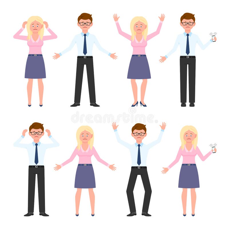 Sad, exhausted, miserable glasses office guy and blonde lady. Standing unhappily, depressed man and woman cartoon character vector royalty free illustration Sad, exhausted, miserable glasses office guy and blonde lady. Standing unhappily, depressed man and woman cartoon character vector royalty free illustration