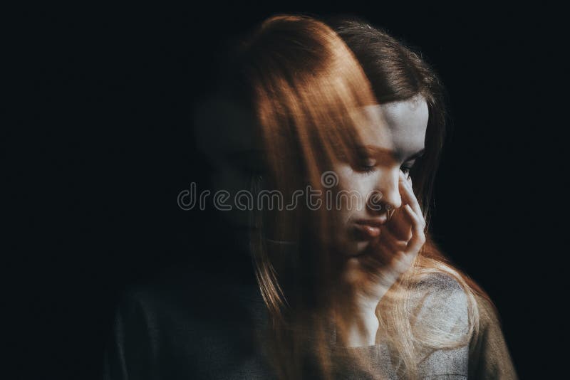 Sad Girl Profile In Dark Looking Up Stock Photo, Picture and