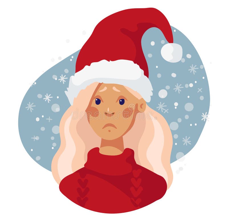 Sad girl in red Santa Claus hat and sweater. Christmas depression. Cartoon design. Female vector character isolated on a white bac stock illustration Sad girl in red Santa Claus hat and sweater. Christmas depression. Cartoon design. Female vector character isolated on a white bac stock illustration