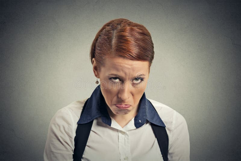 Grumpy Woman with Bad Attitude, Giving Talk To My Hand Gesture Stock