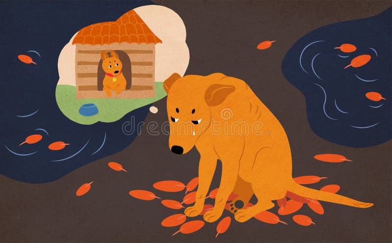 Sad homeless dog sitting on street covered with autumn leaves and puddles, crying and dreaming of adoption and home