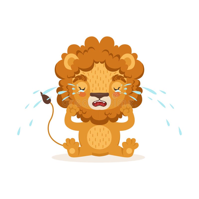 Sad little baby lion cartoon character sitting on the floor and crying. Safari animal with lush mane weeps. Vector in royalty free illustration Sad little baby lion cartoon character sitting on the floor and crying. Safari animal with lush mane weeps. Vector in royalty free illustration