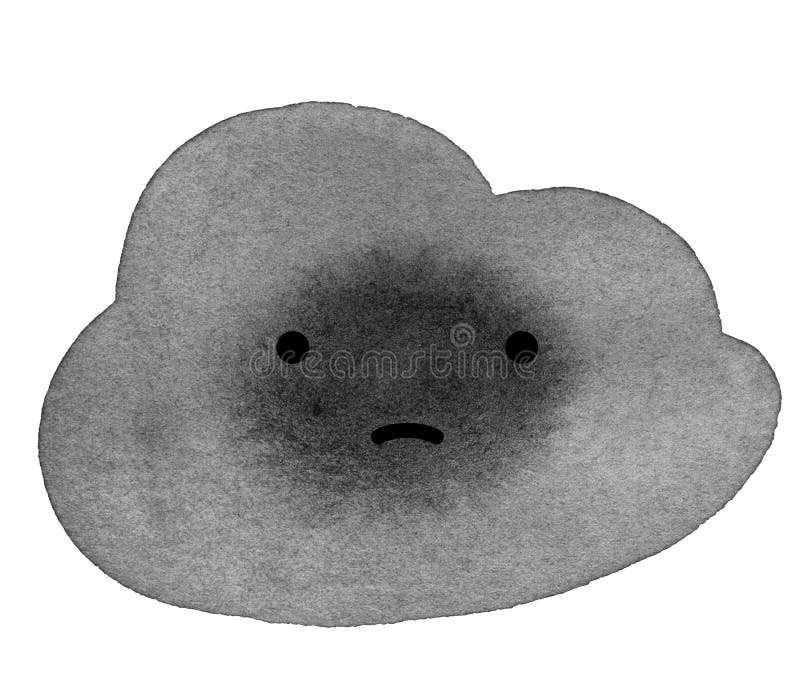 Sad little cartoon cloud painted in watercolor on white isolated background