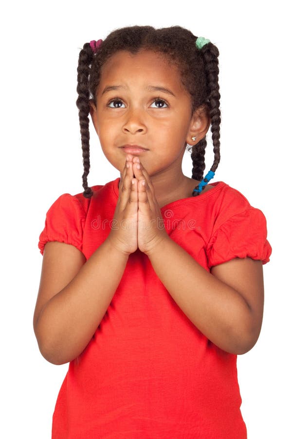 Sad little girl praying for something isolated on a over white