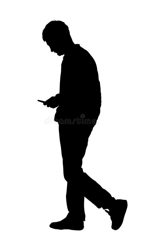 Sad man talking on mobile phone vector silhouette isolated on white background. Urban boy walking with cell smart phone.