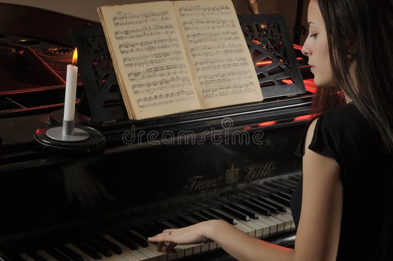 Sad, Melancholy Girl with Long Brown Hair Playing at Piano Stock Image -  Image of care, background: 175244077