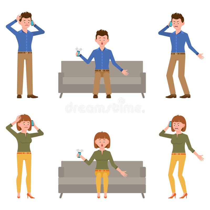 Sad, miserable, surprised, amazed, angry, shouting office man and woman vector illustration. Talking on phone cartoon character