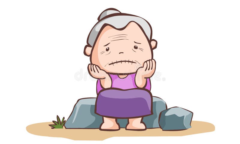Sad old lady sit on the stone stock illustration