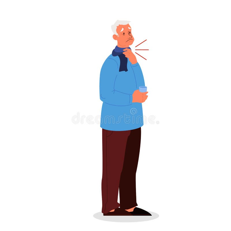 Sad old man with a pain in throat. Symptom of flu or virus infection. vector illustration