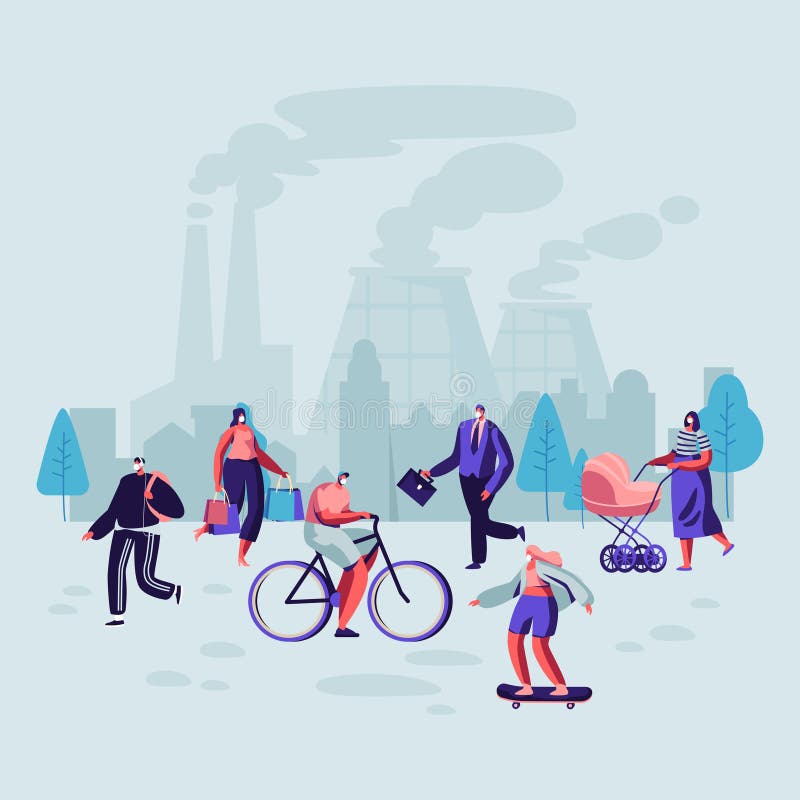 Sad People Wearing Protective Face Masks Walking on Street Against Factory Pipes Emitting Smoke. Fine Dust, Air Pollution vector illustration Sad People Wearing Protective Face Masks Walking on Street Against Factory Pipes Emitting Smoke. Fine Dust, Air Pollution vector illustration