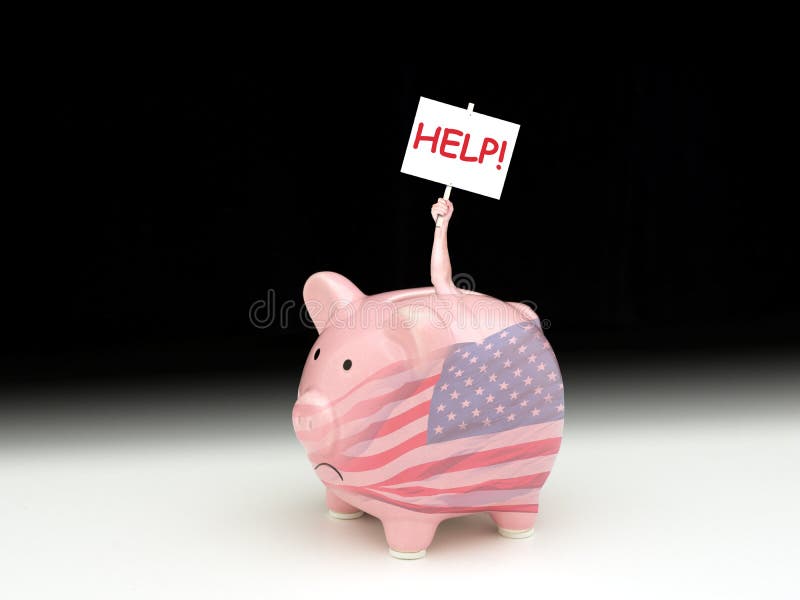 Sad piggy bank with American flag with man inside holding up HELP! sign
