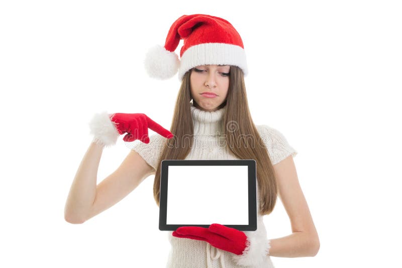 Sad Santa teenage girl pointing at tablet computer