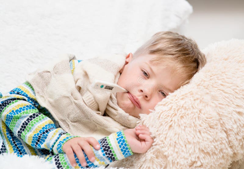 Sad Sick Boy with Thermometer Laying in Bed Stock Photo - Image of face ...