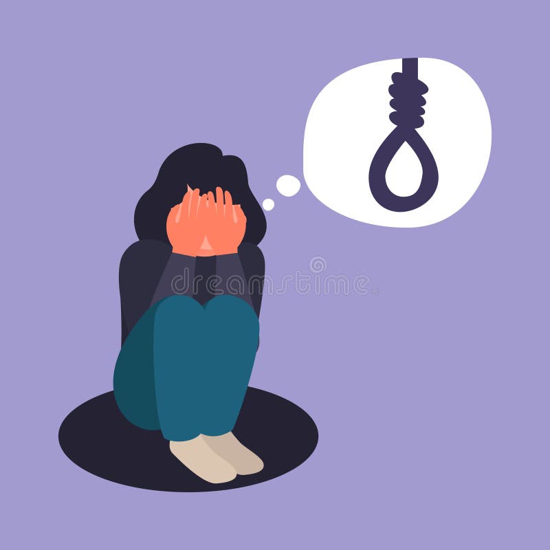 Sad Teen Female Think about Death. Depressed Woman Want To Commit Suicide  by Hanging Stock Illustration - Illustration of cartoon, illness: 133418435