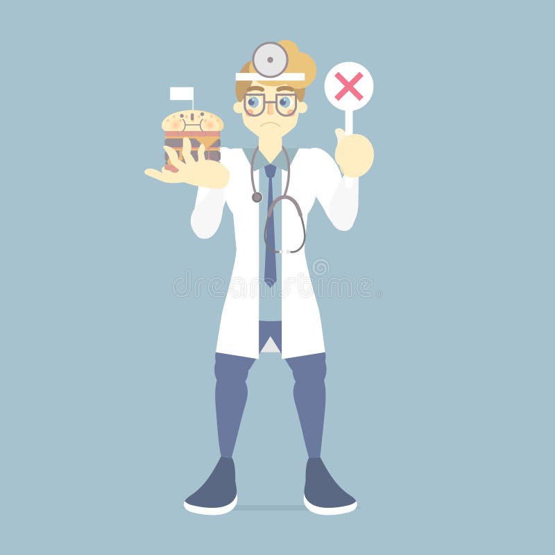 sad and upset male doctor holding wrong, incorrect sign symbol with junk food, health care concept for hospital royalty free illustration sad and upset male doctor holding wrong, incorrect sign symbol with junk food, health care concept for hospital royalty free illustration