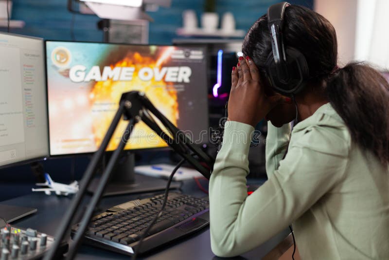 Sad pro gamer woman nervous to get started space shooter videogame