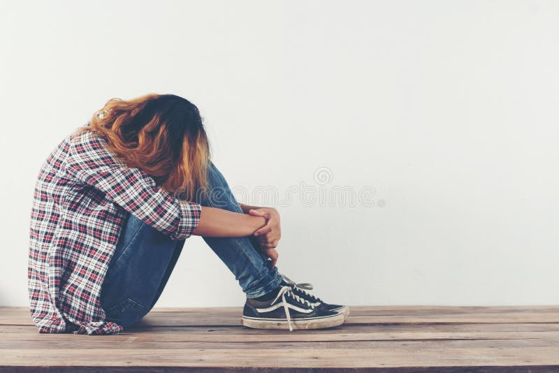 Sad Woman Hug Her Knee And Cry So Lonely. Stock Image - Image of