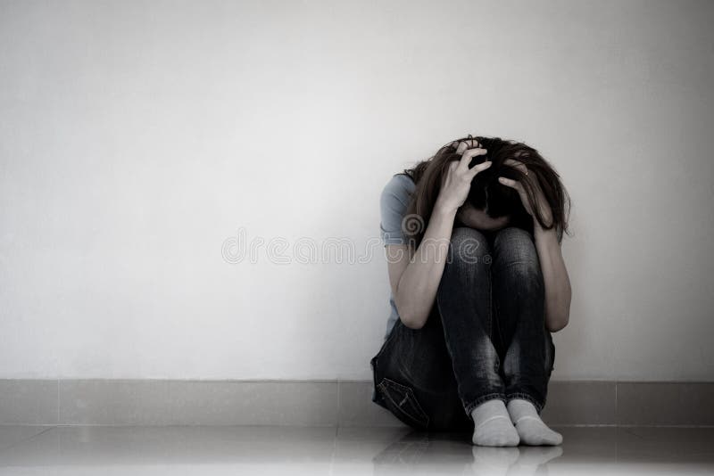 Woman Hug Her Knee Sitting Alone Empty Room Stock Photos - Free ...