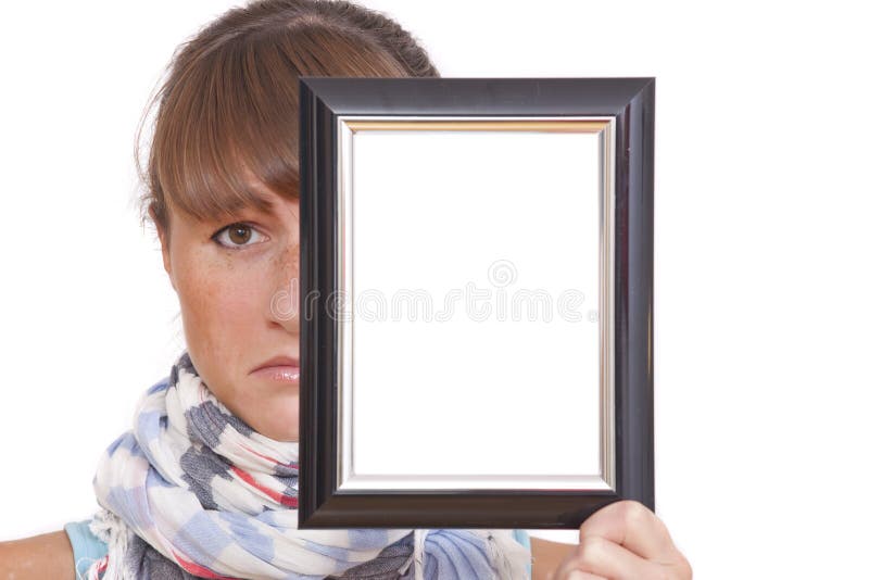 Sad woman with photo frame