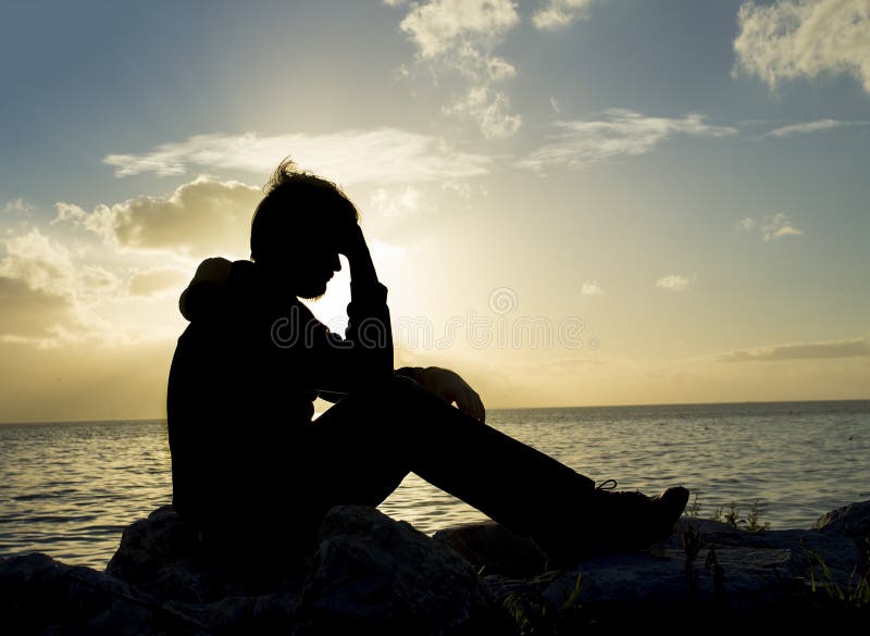 Sad Young Man Silhouette and Sea Stock Image - Image of alone, sitting ...