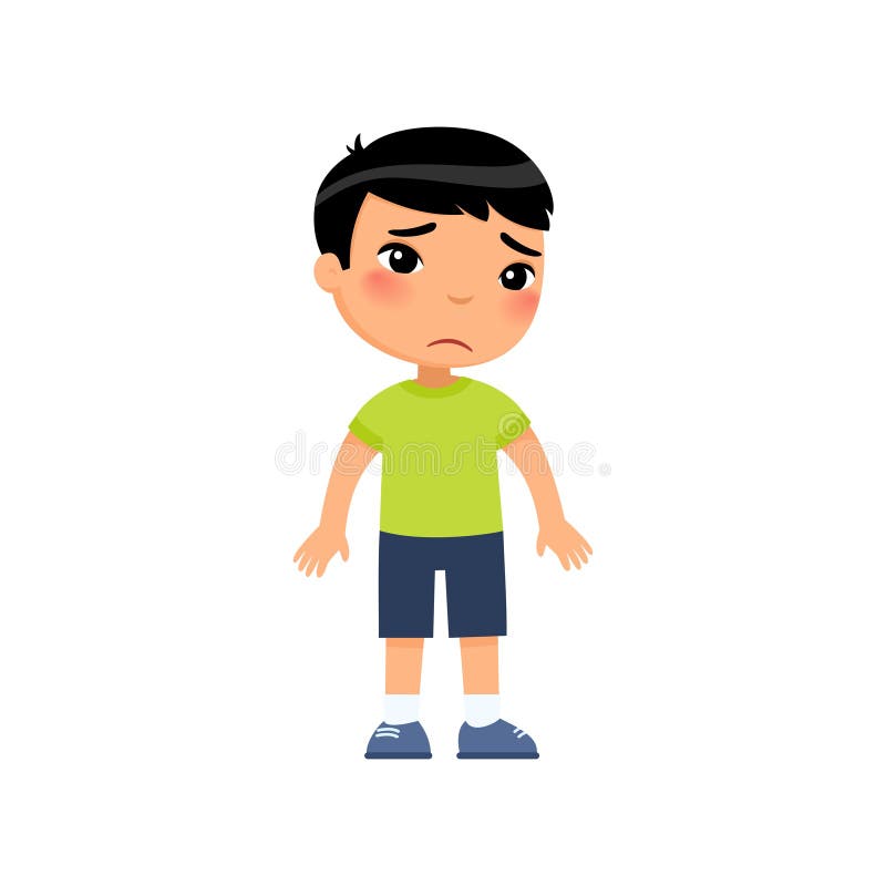 Sadness Little Asian Boy Flat Vector Illustration. Upset Child Standing  Alone Cartoon Character Stock Vector - Illustration of male, background:  193523437