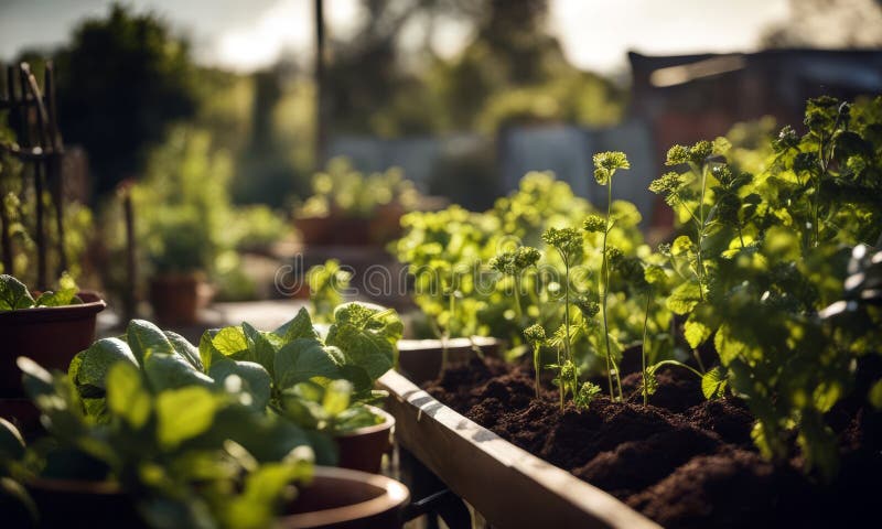 Sadzonki i zioła roślinne organiczne uprawiane w doniczkach i w podchowanym łóżku. selektywna koncentracja. royalty ilustracja