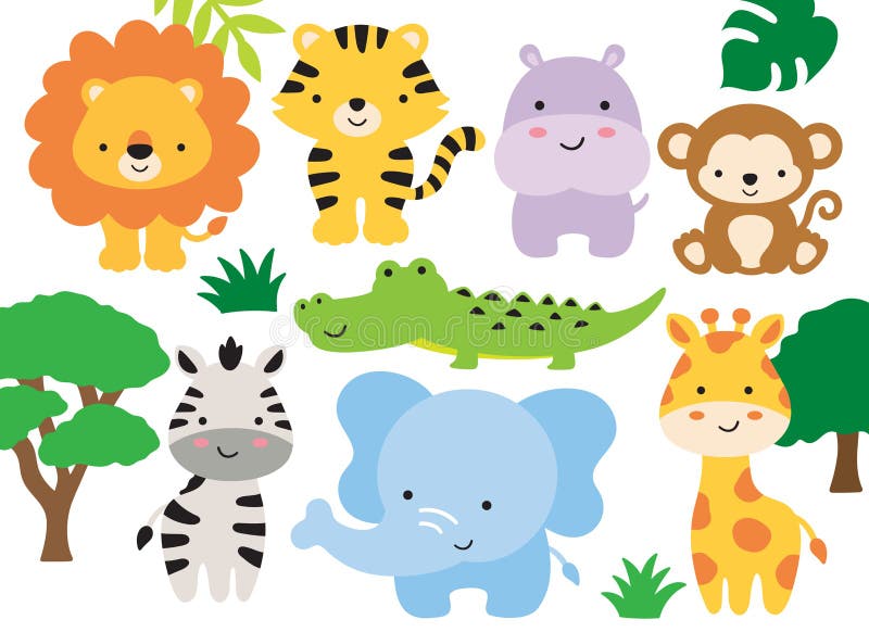 Safari Jungle Animals Lion Tiger Hippo Monkey Zebra Crocodile Elephant Giraffe Vector Illustration Stock Vector - Illustration of jungle, cute: 211207662 Safari Jungle Animals Lion Tiger Hippo Monkey Zebra Crocodile Elephant Giraffe Vector Illustration Stock Vector - Illustration of jungle, cute: 211207662