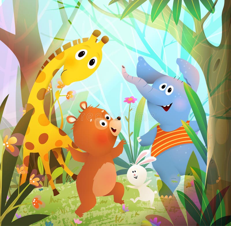 Safari Animals in Jungle Dancing and Jumping Party Stock Illustration
