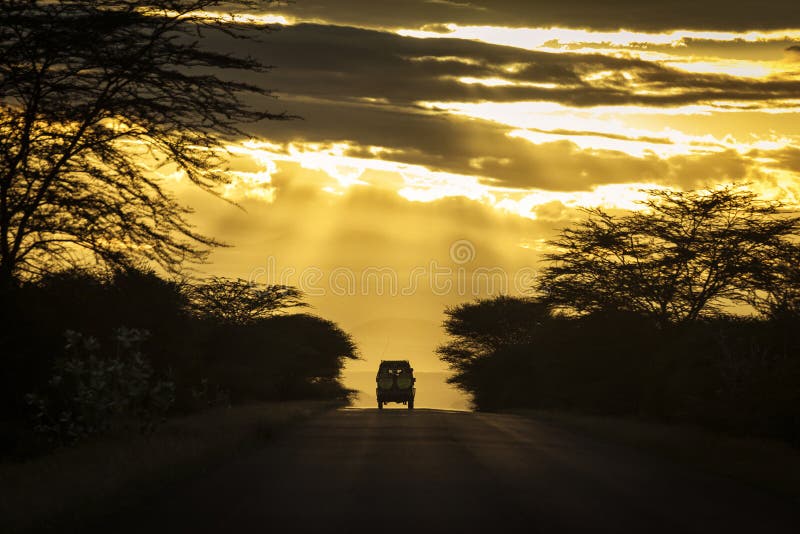 Safari car on a road during sunset in Tanzania