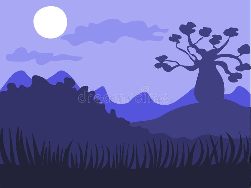 Safari cartoon background, desert savanna panorama and landscape with trees, hills and moon. Safary layered panoramic