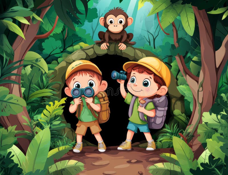 Safari children in the forest cartoon illustration royalty free stock images