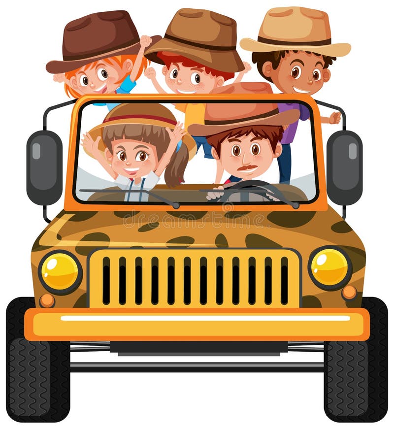 Safari concept with children in the jeep car isolated on white background