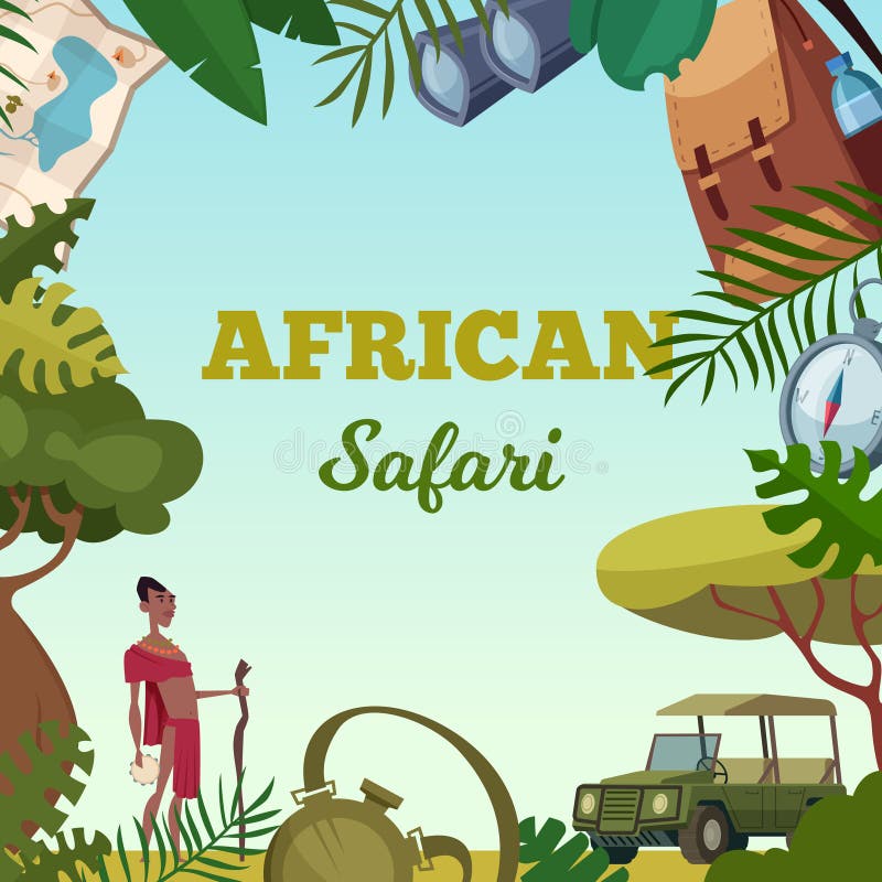 Safari-frame Afrikaans reisconcept voor avontuurbrochure achtergrond jungle van wilde dieren auto's en diverse artikelen