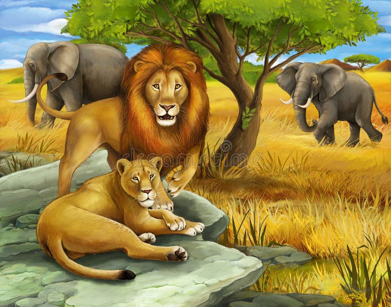 Safari - leoni ed elefanti royalty illustrazione gratis Safari - leoni ed elefanti royalty illustrazione gratis
