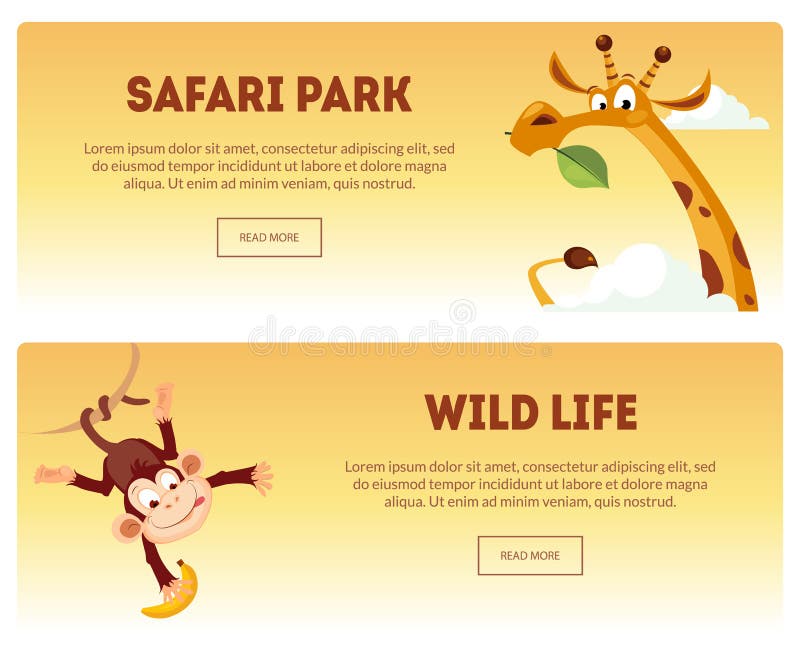 Safari park, Dzikiego życia Horyzontalni sztandary Ustawiający, Dziki Afrykański natura krajobraz z zwierzę wektoru ilustracją royalty ilustracja Safari park, Dzikiego życia Horyzontalni sztandary Ustawiający, Dziki Afrykański natura krajobraz z zwierzę wektoru ilustracją royalty ilustracja
