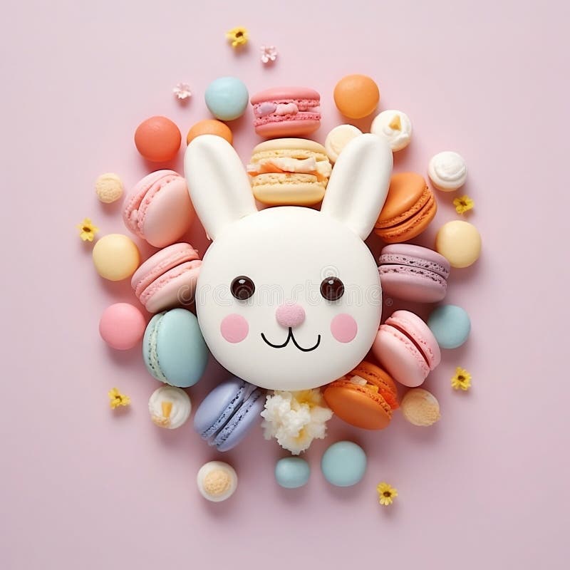 An artful arrangement of macarons and meringues forming a whimsical bunny (AI Generated). An artful arrangement of macarons and meringues forming a whimsical bunny (AI Generated)