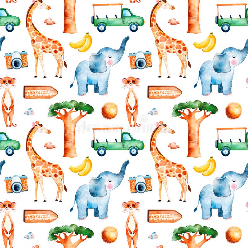 Safarisamling med den gulliga giraffet, elefant, meerkat stock illustrationer