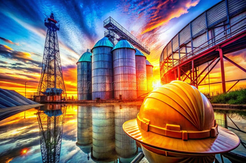 Safe Construction of a Massive Grain Silo A Panoramic Double Exposure of Precision and Precautions vector illustration