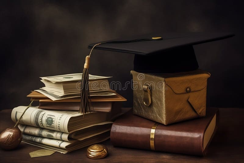 Safe Deposit Box for Education or Tuition with Books and Graduation Hat on Top of the Table