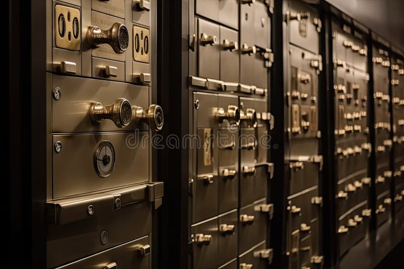 Safe Deposit Box, with Key and Combination Locked Away, in Vault Stock