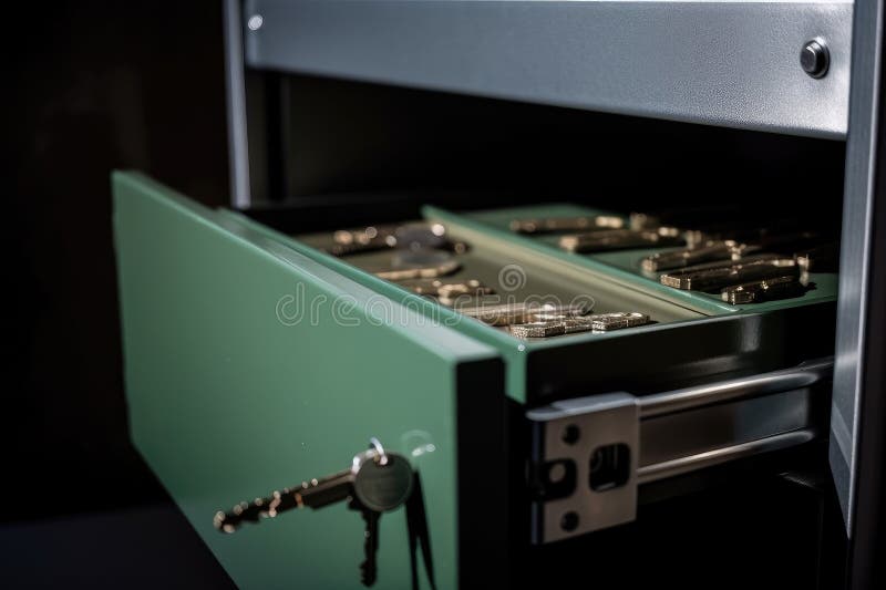 Safe Deposit Box with Key in Lock, Ready for Use Stock Illustration