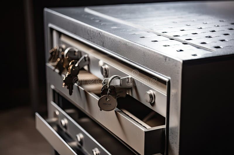 Safe Deposit Box with Key in Lock, Ready for Use Stock Photo Image of